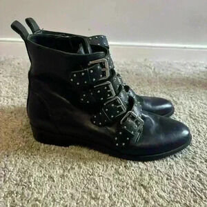 Vince Camuto Corvina Moto Biker Black Leather Bootie Studded Straps Size 7.5